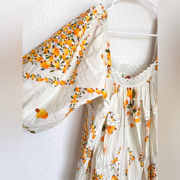 NWOT Farm Rio Cashew Puff-Sleeve Mini Dress Oversize Crochet Trim Boho XL - Picture 9 of 17